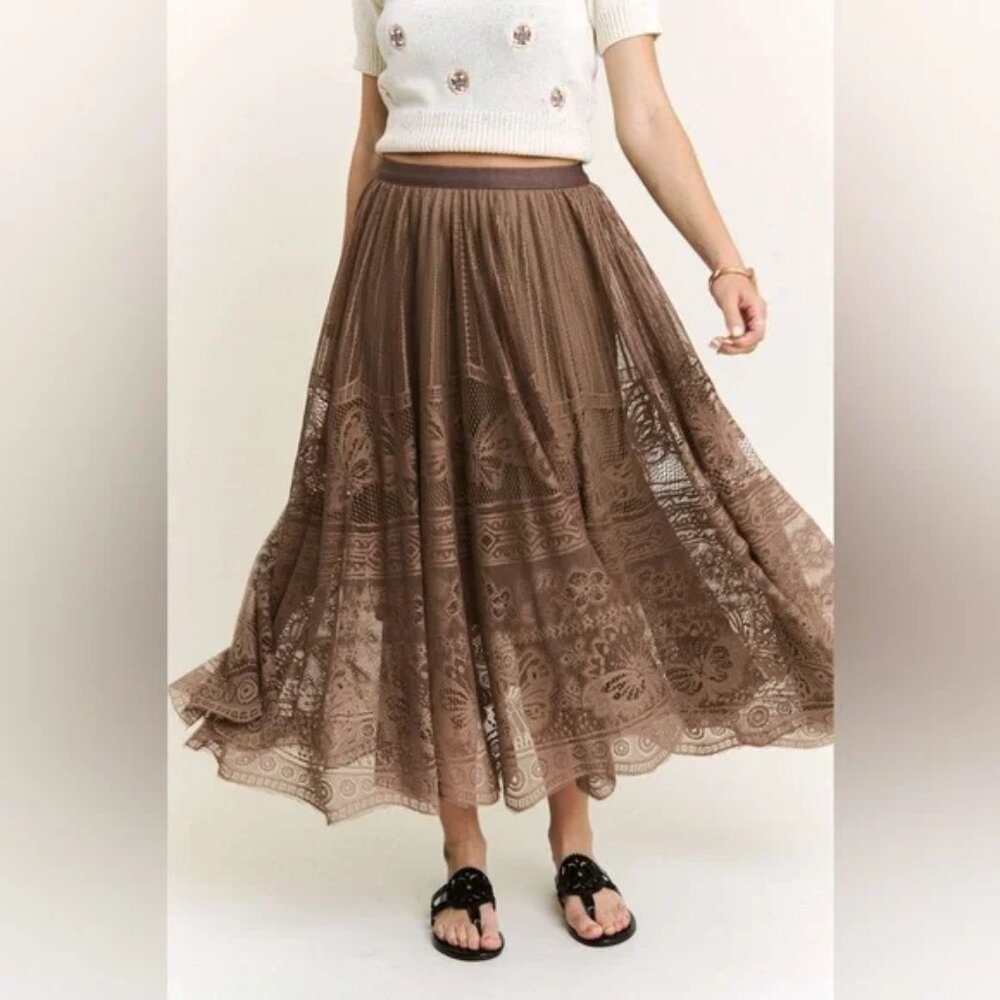 Mocha Brown Boho Cottage - Elastic Waist Raw Hem Lace Maxi Skirt - Size M NWT